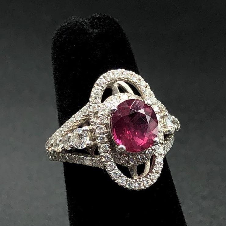 2.2 carat unheated Mozambique ruby ring with diamonds in platinum